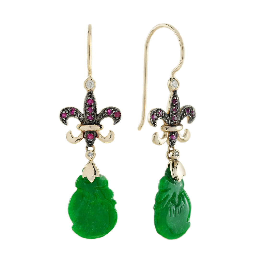 Carved Jade Ruby Diamond Fleur De Lis Vintage Style Dangle Gold Earrings