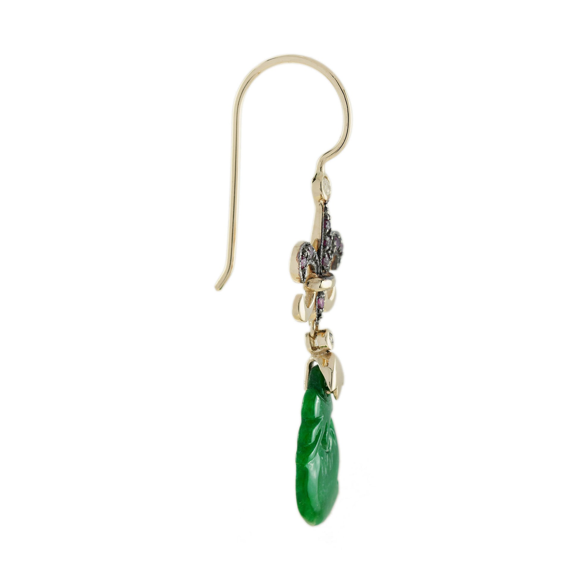 Carved Jade Ruby Diamond Fleur De Lis Vintage Style Dangle Gold Earrings