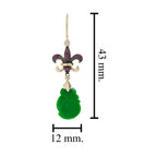 Carved Jade Ruby Diamond Fleur De Lis Vintage Style Dangle Gold Earrings