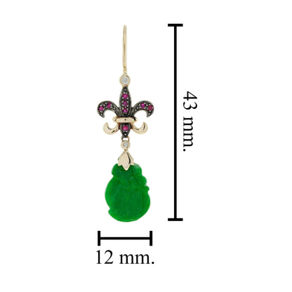 Carved Jade Ruby Diamond Fleur De Lis Vintage Style Dangle Gold Earrings