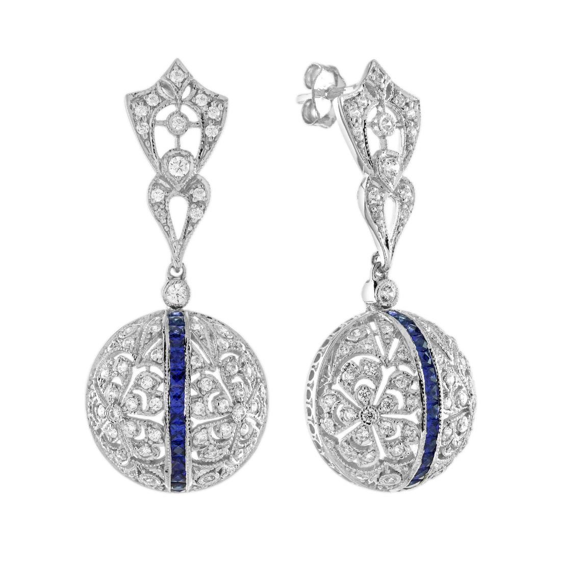 Blue Sapphire & Diamond Edwardian Style Openwork Dangle White Gold Drop Earrings