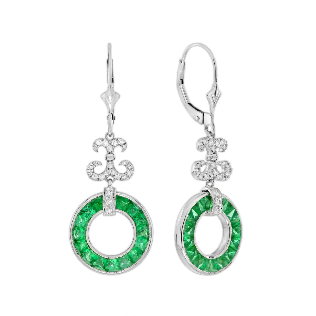 Green Emerald & Diamond Round Openwork Motif Drop 14K White Gold Earrings