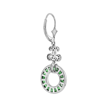 Green Emerald &amp; Diamond Round Openwork Motif Drop 14K White Gold Earrings