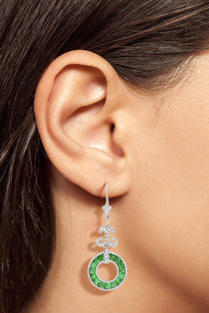 Green Emerald &amp; Diamond Round Openwork Motif Drop 14K White Gold Earrings