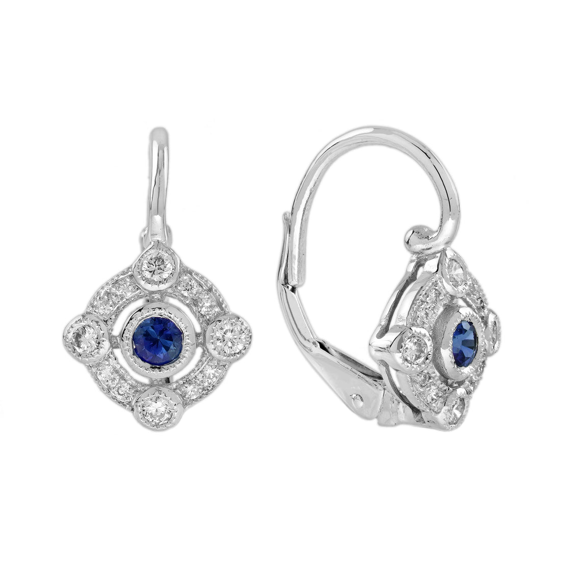Blue Sapphire & Diamond Edwardian Vintage Style Target Drop White Gold Earrings