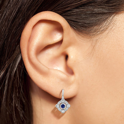 Blue Sapphire & Diamond Edwardian Vintage Style Target Drop White Gold Earrings