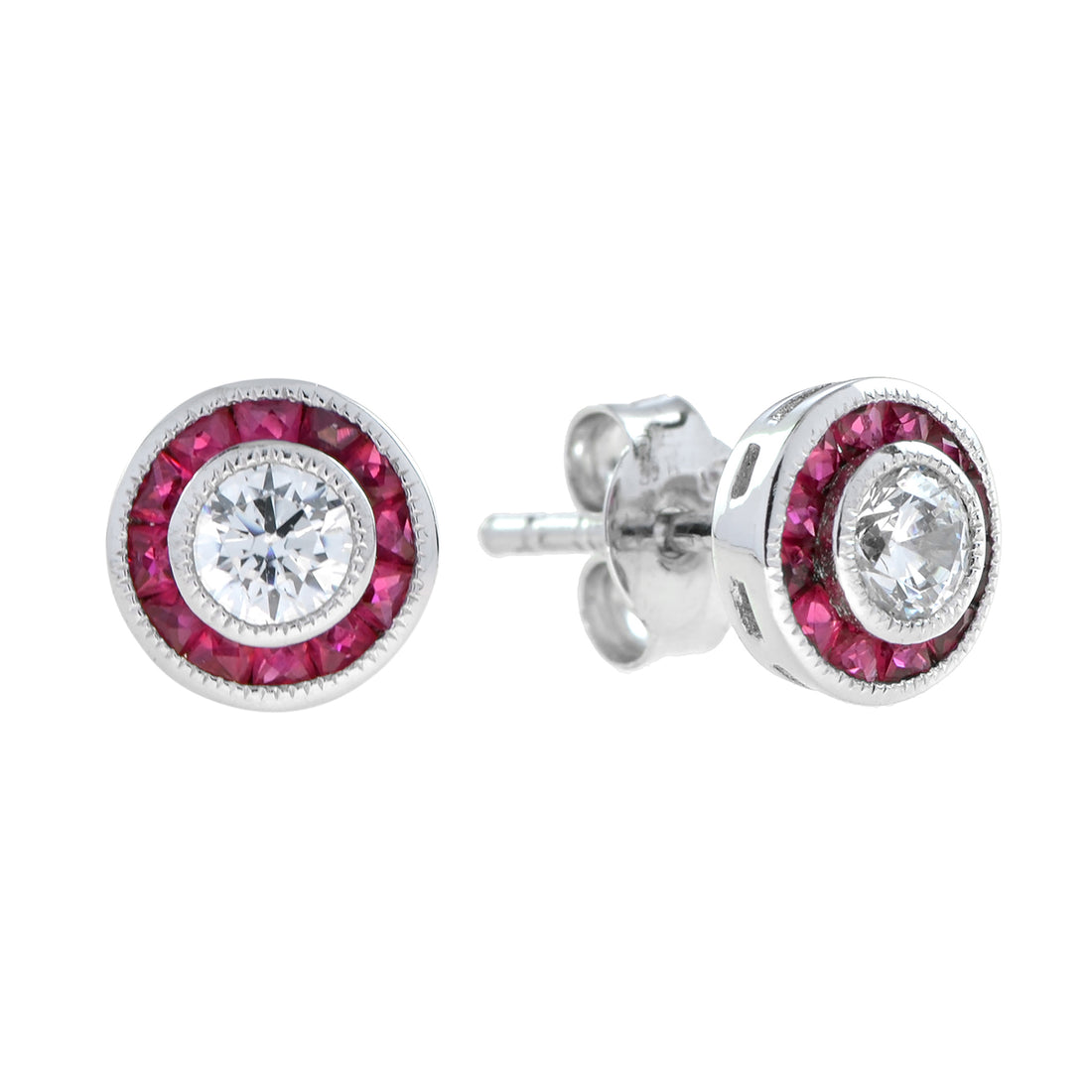 3.5m Round White Diamond & Red Pink Ruby Art Deco Style Stud White Gold Earrings