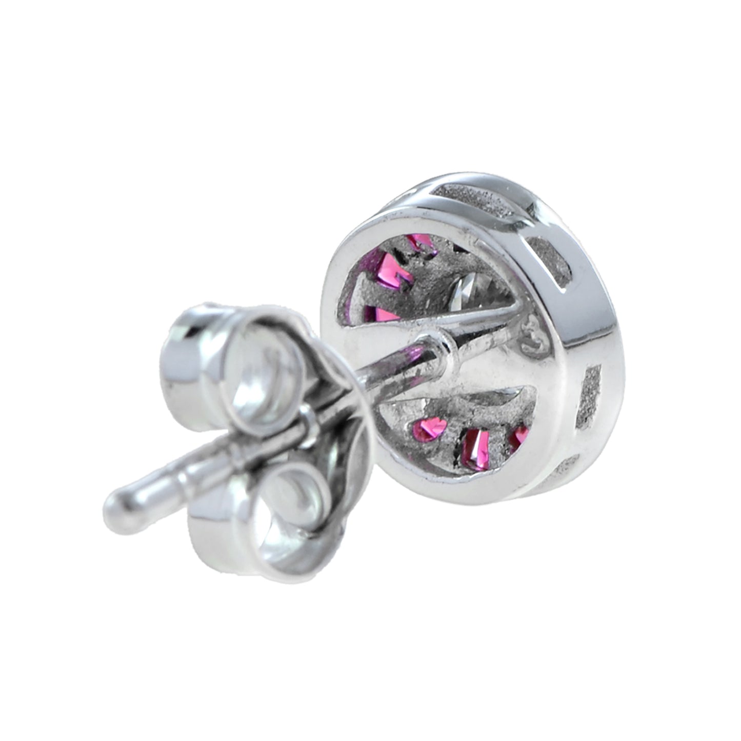 3.5m round white diamond & red pink ruby art deco style stud white gold earrings