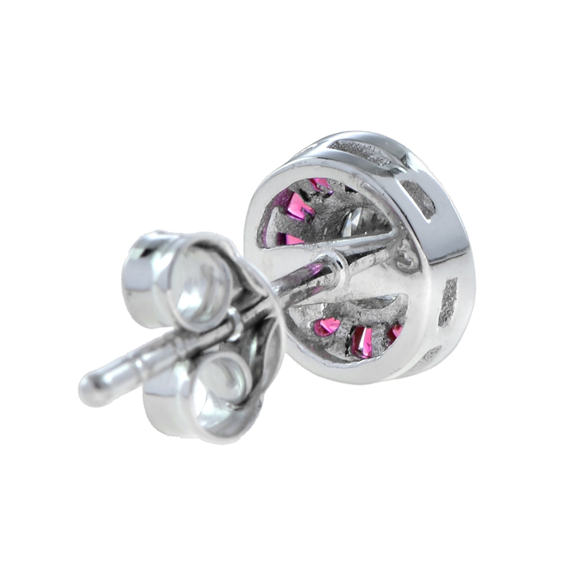 3.5m Round White Diamond & Red Pink Ruby Art Deco Style Stud White Gold Earrings