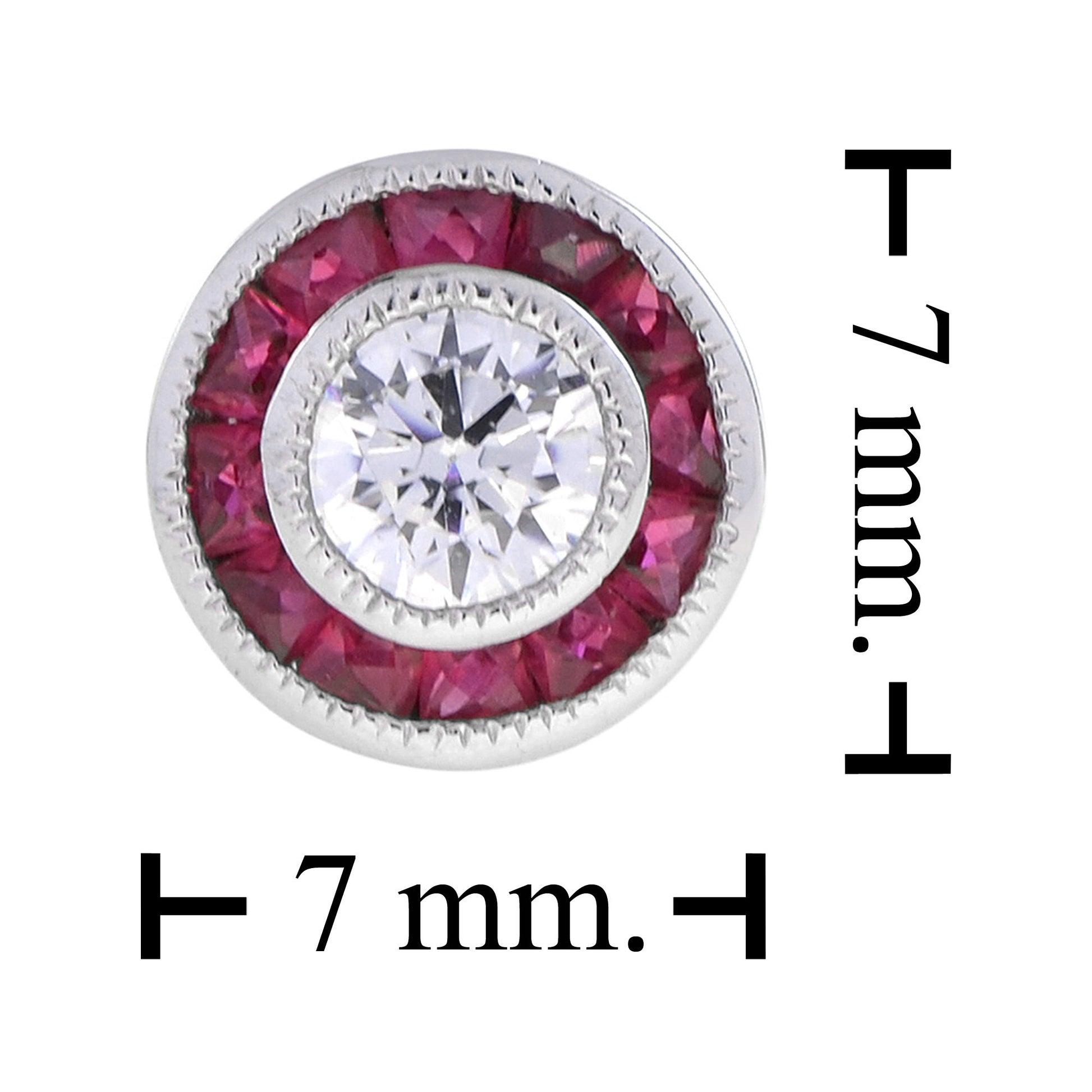 3.5m Round White Diamond & Red Pink Ruby Art Deco Style Stud White Gold Earrings
