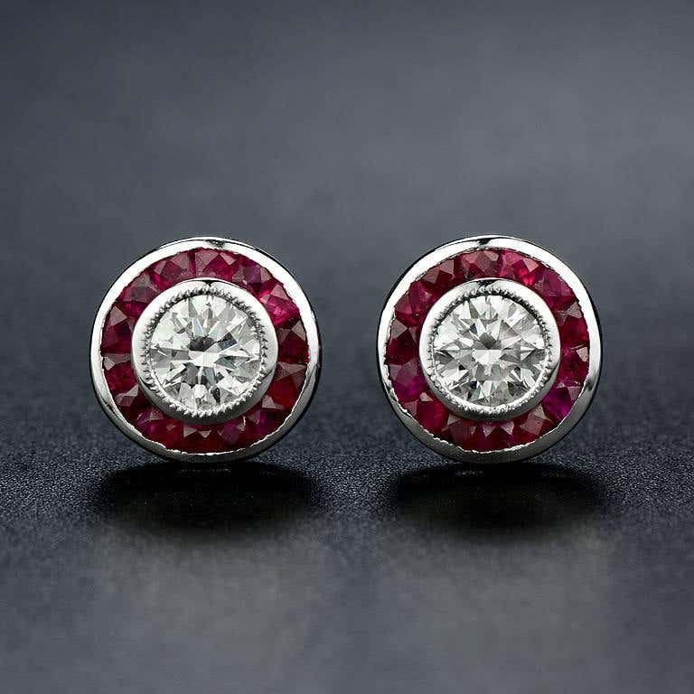 Art Deco Style Round Diamond &amp; Ruby Fancy Cut Halo Stud 14K White Gold Earrings