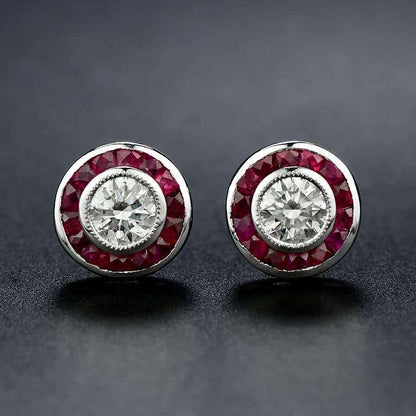 Art Deco Style Round Diamond &amp; Ruby Fancy Cut Halo Stud 14K White Gold Earrings