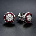 Art Deco Style Round Diamond & Ruby Fancy Cut Halo Stud 14K White Gold Earrings