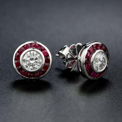 Art Deco Style Round Diamond &amp; Ruby Fancy Cut Halo Stud 14K White Gold Earrings