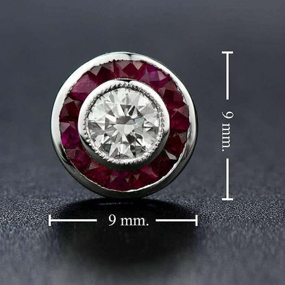 Art Deco Style Round Diamond &amp; Ruby Fancy Cut Halo Stud 14K White Gold Earrings