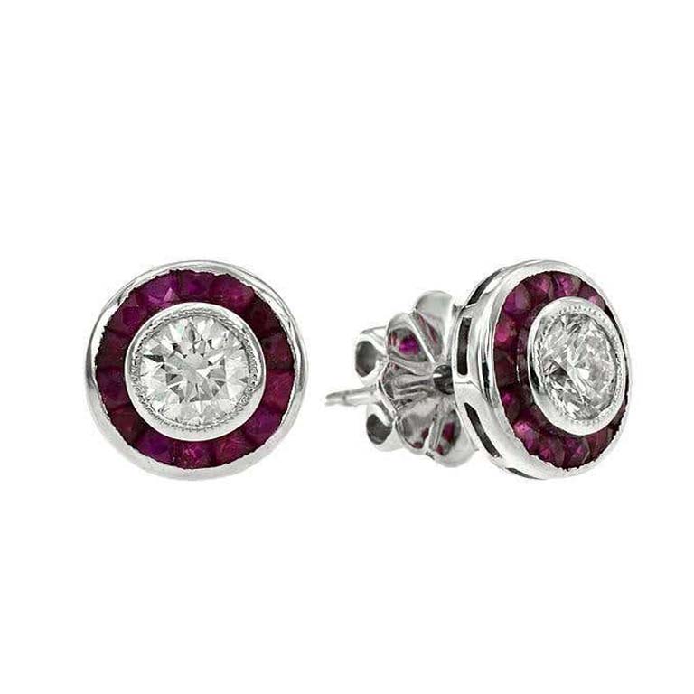 Art Deco Style Round Diamond &amp; Ruby Fancy Cut Halo Stud 14K White Gold Earrings