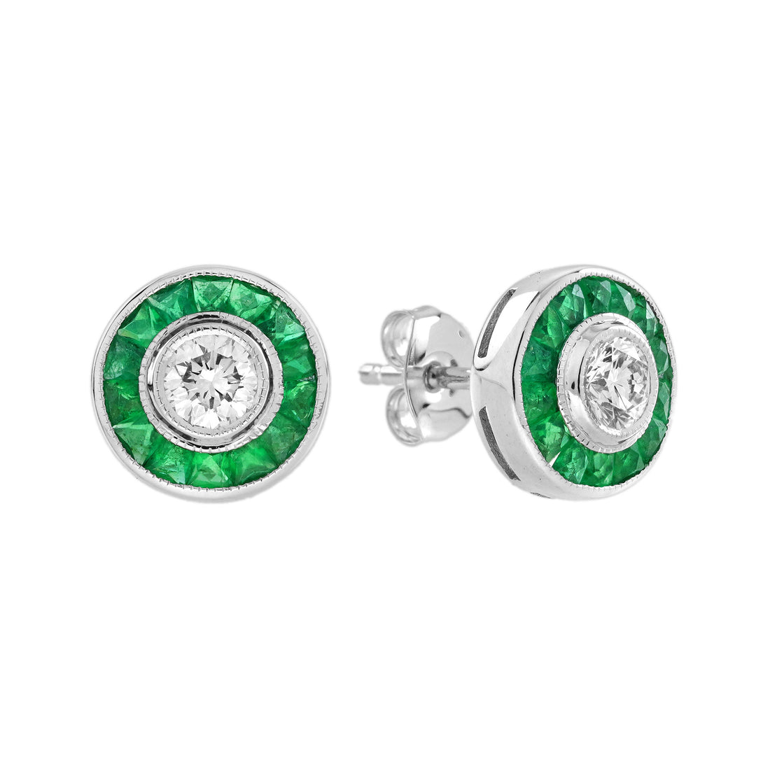 Diamond & Green Emerald Vintage Inspired Art Deco Style White Gold Stud Earrings