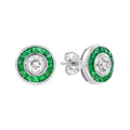 Diamond & Green Emerald Vintage Inspired Art Deco Style White Gold Stud Earrings