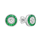 Diamond & Green Emerald Vintage Inspired Art Deco Style White Gold Stud Earrings