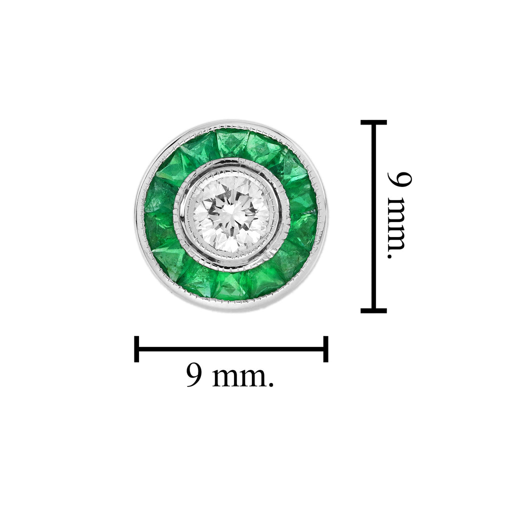 Diamond & Green Emerald Vintage Inspired Art Deco Style White Gold Stud Earrings