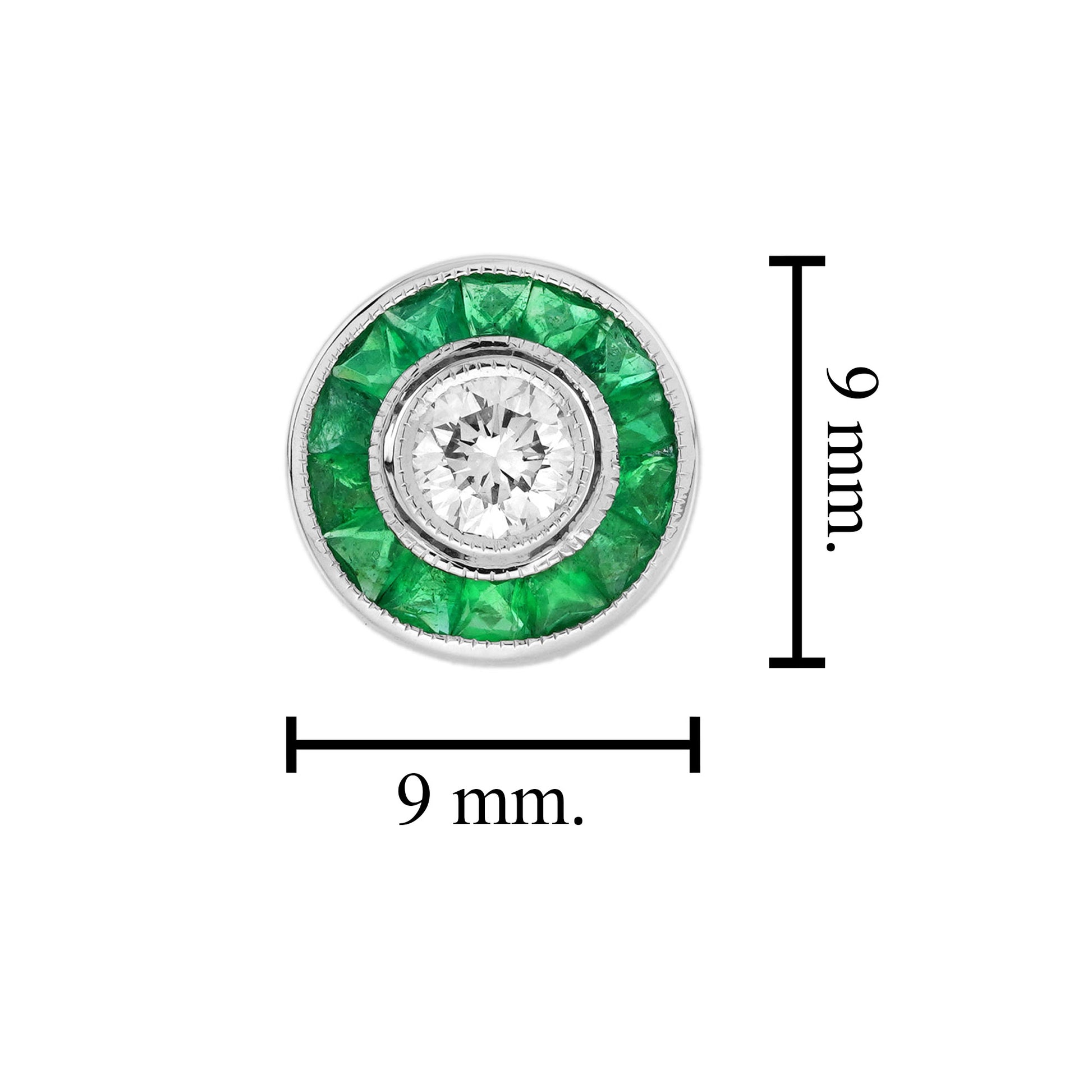 Diamond & Green Emerald Vintage Inspired Art Deco Style White Gold Stud Earrings