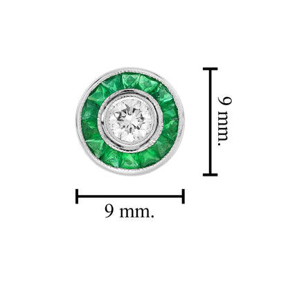 Diamond & Green Emerald Vintage Inspired Art Deco Style White Gold Stud Earrings