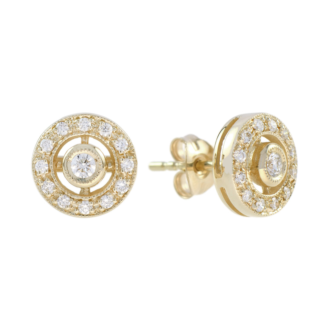 Diamond Double Round Target Halo Set Stud 14K Yellow Gold Earrings