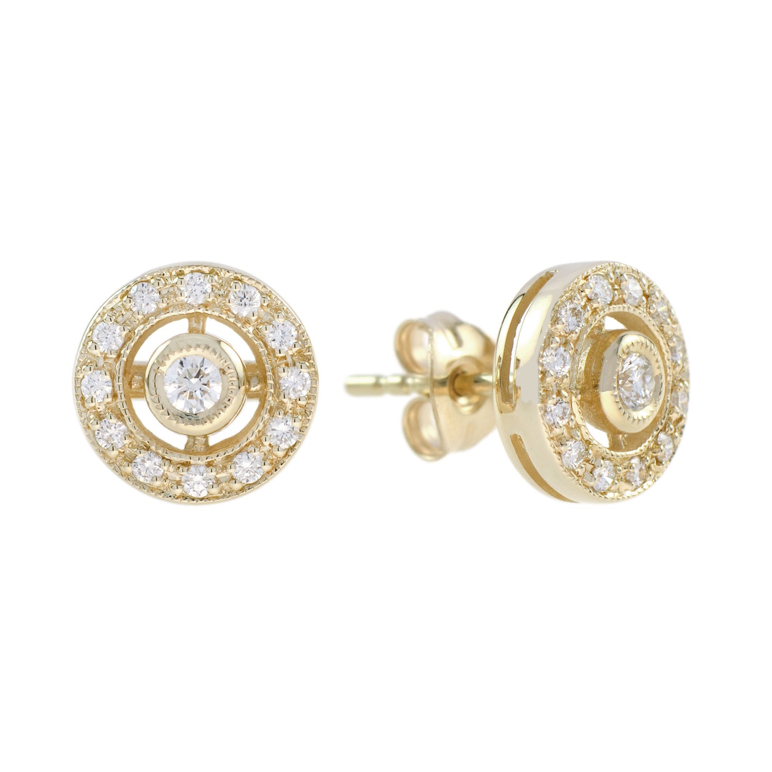 Diamond Double Round Target Halo Set Stud 14K Yellow Gold Earrings