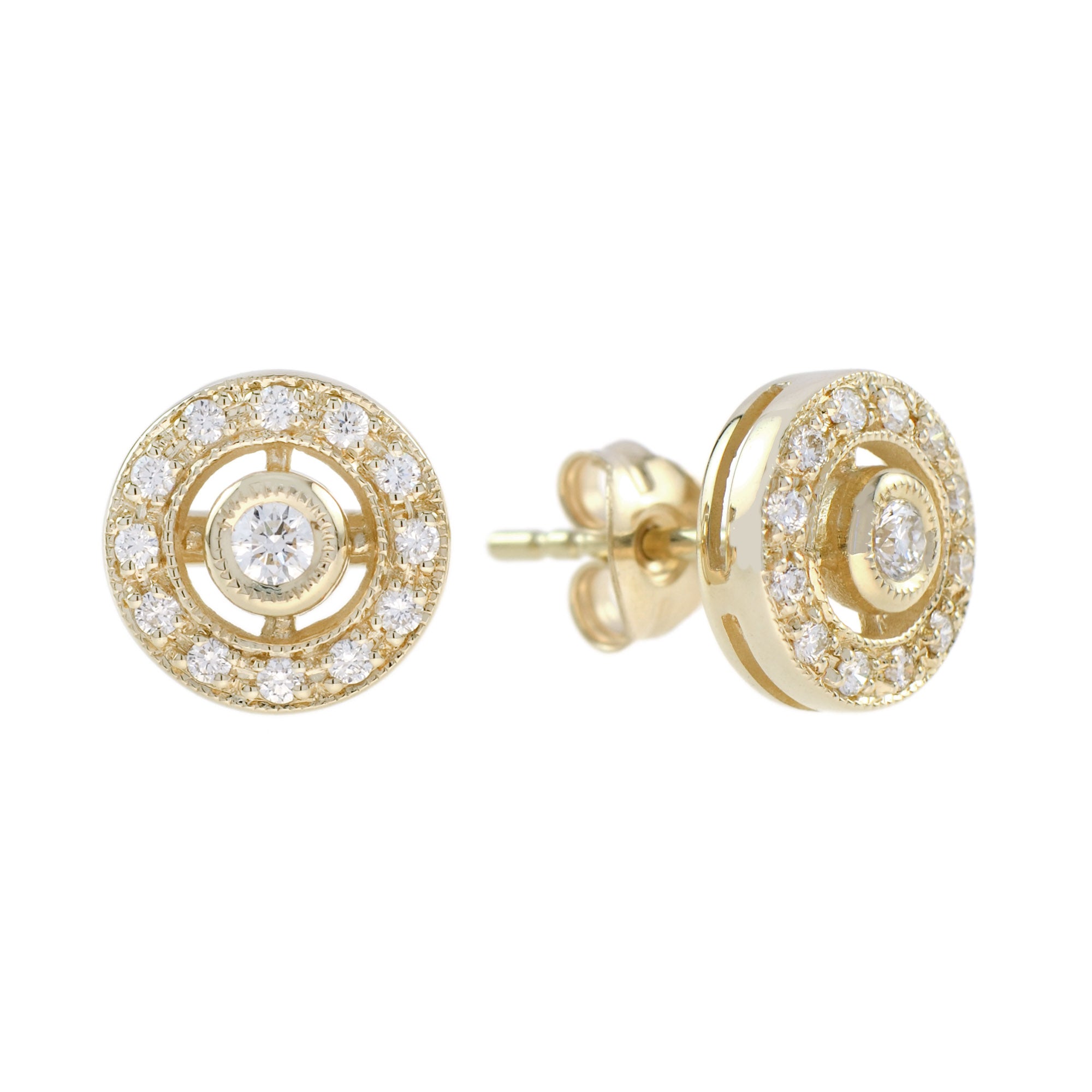 Diamond Double Round Target Halo Set Stud 14K Yellow Gold Earrings