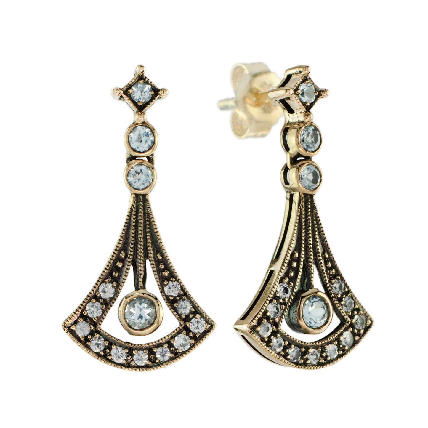 blue & white topaz art deco style drop 14k yellow gold earrings
