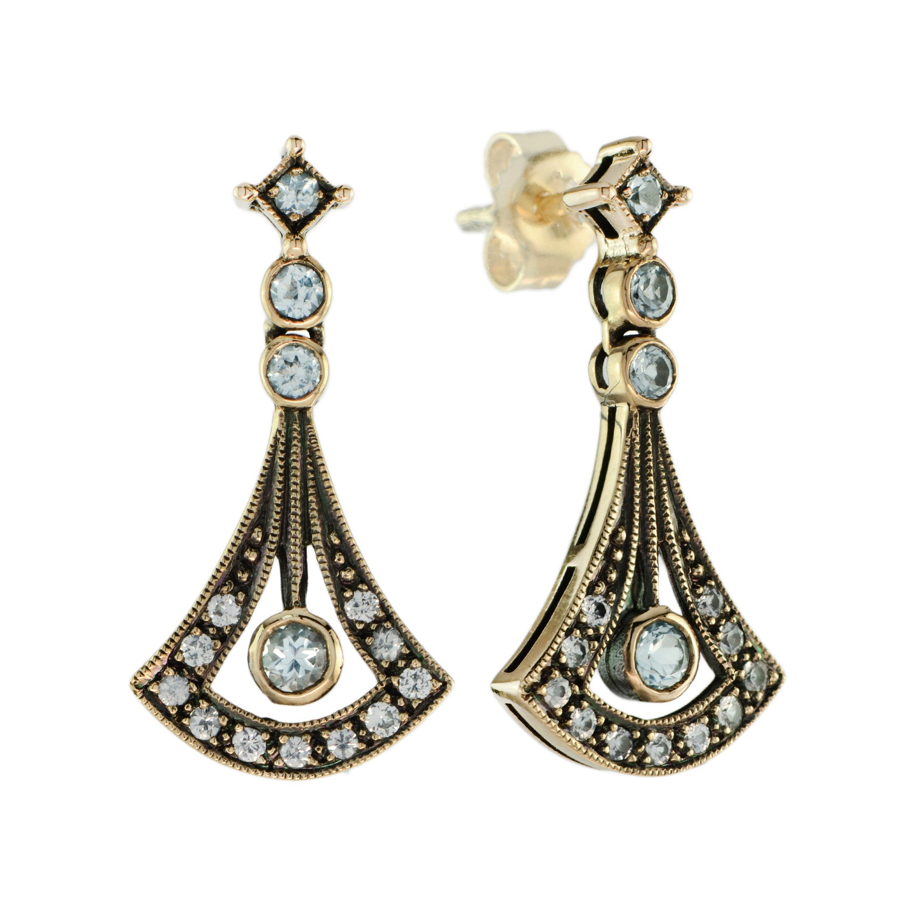 Blue &amp; White Topaz Art Deco Style Drop 14K Yellow Gold Earrings