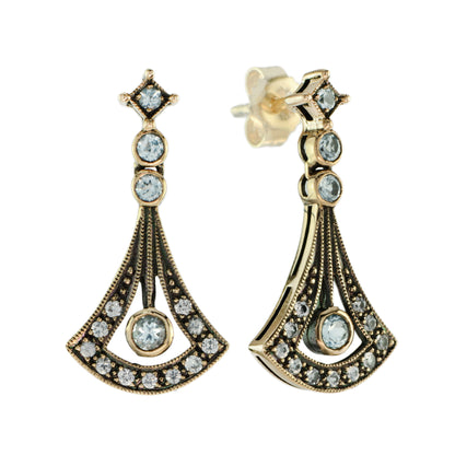 Blue & White Topaz Art Deco Style Drop 14K Yellow Gold Earrings