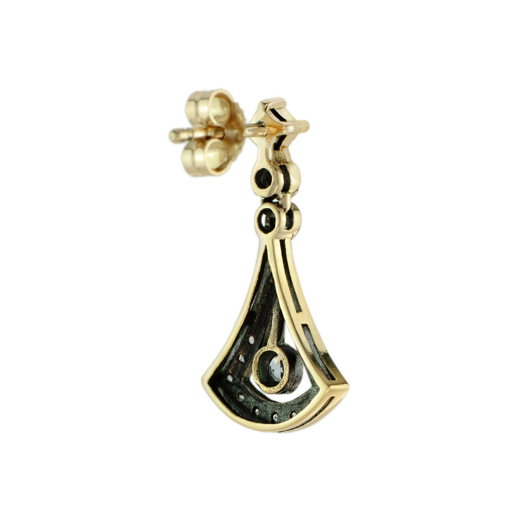 Blue & White Topaz Art Deco Style Drop 14K Yellow Gold Earrings