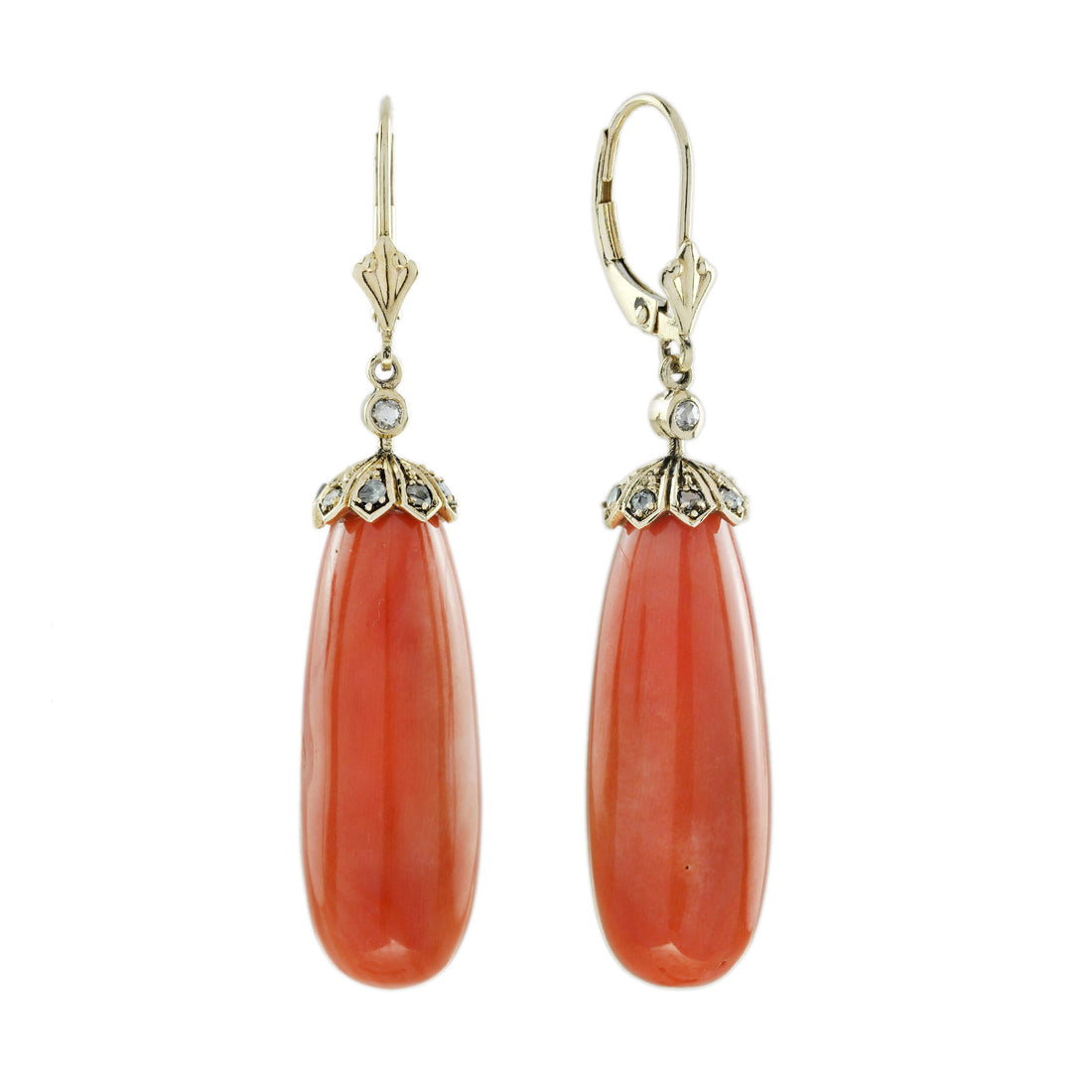 Large Briolette Orange Coral Rose Cut Diamond Vintage Style Drop Gold Earrings