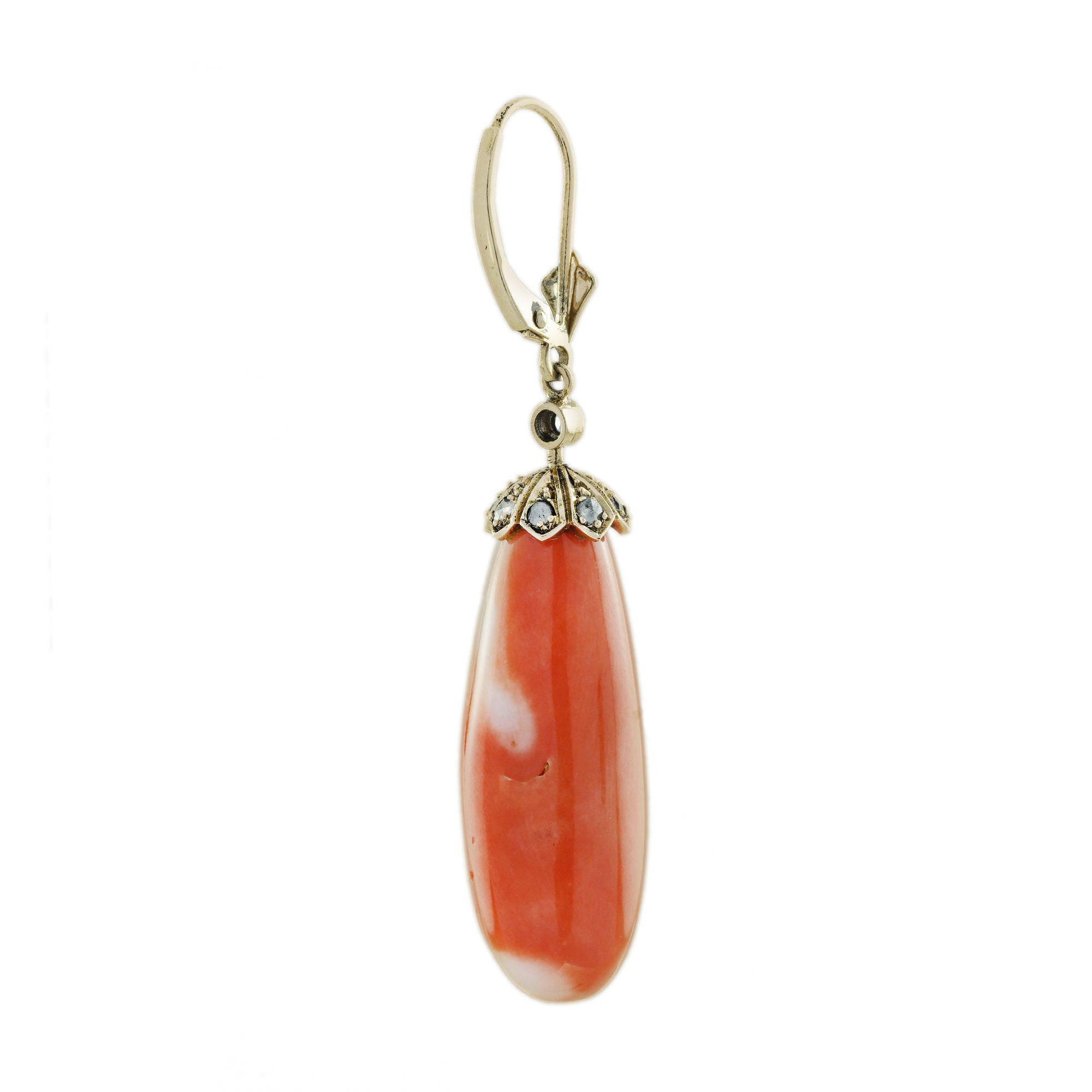 Large Briolette Orange Coral Rose Cut Diamond Vintage Style Drop Gold Earrings