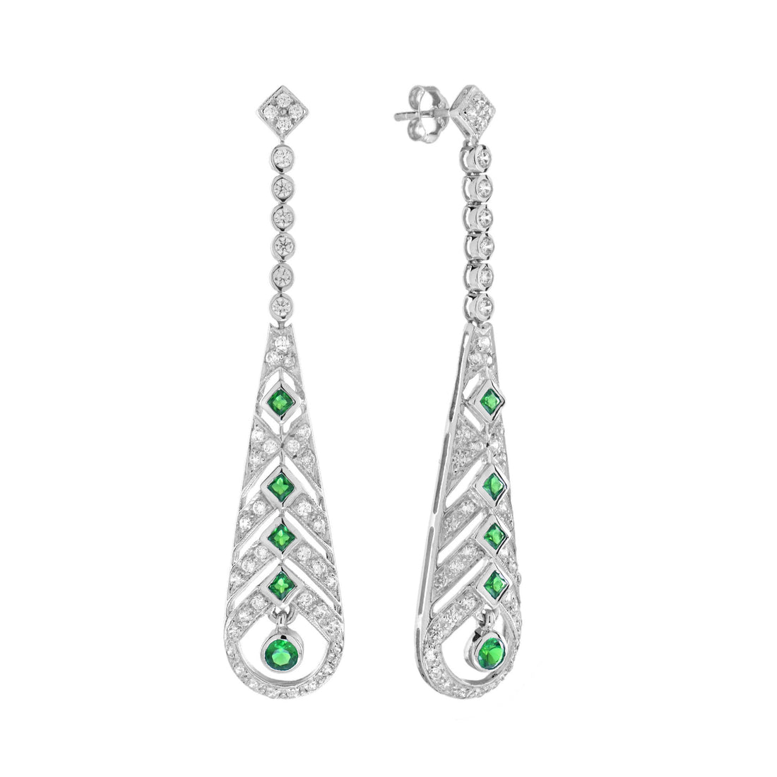 Green Emerald & Diamond Art Deco Style Drop 14K White Gold Earrings
