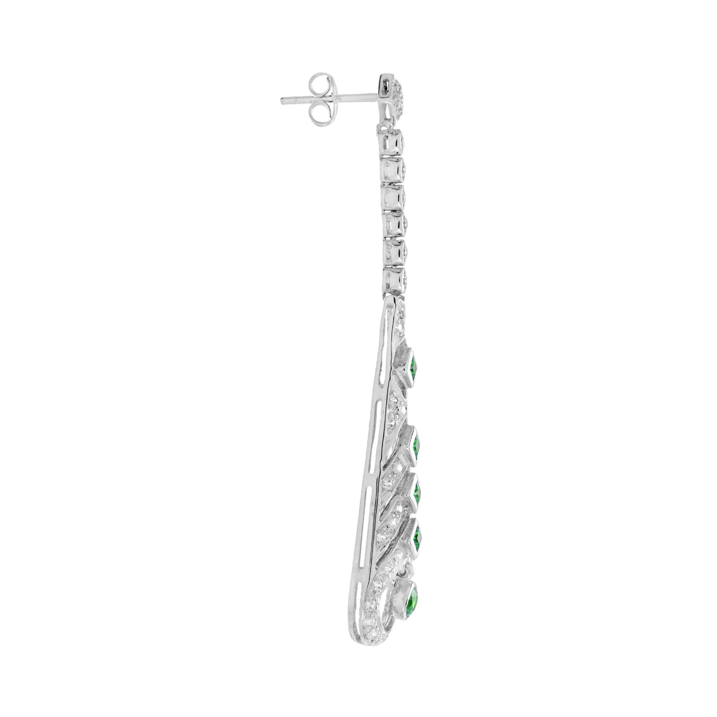 green emerald & diamond art deco style drop 14k white gold earrings