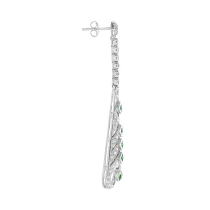 Green Emerald & Diamond Art Deco Style Drop 14K White Gold Earrings