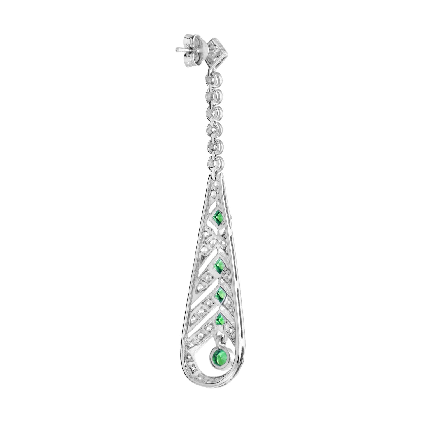 green emerald & diamond art deco style drop 14k white gold earrings