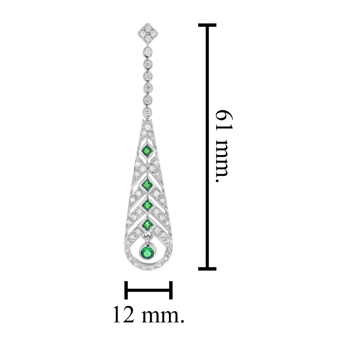 green emerald & diamond art deco style drop 14k white gold earrings