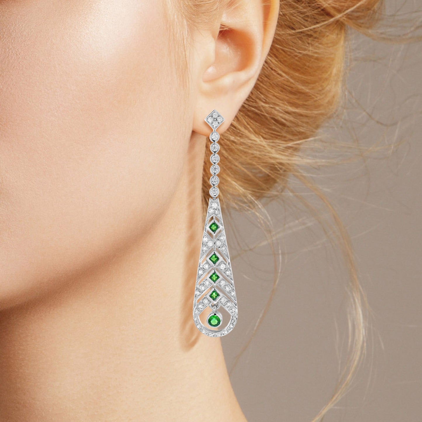 green emerald & diamond art deco style drop 14k white gold earrings