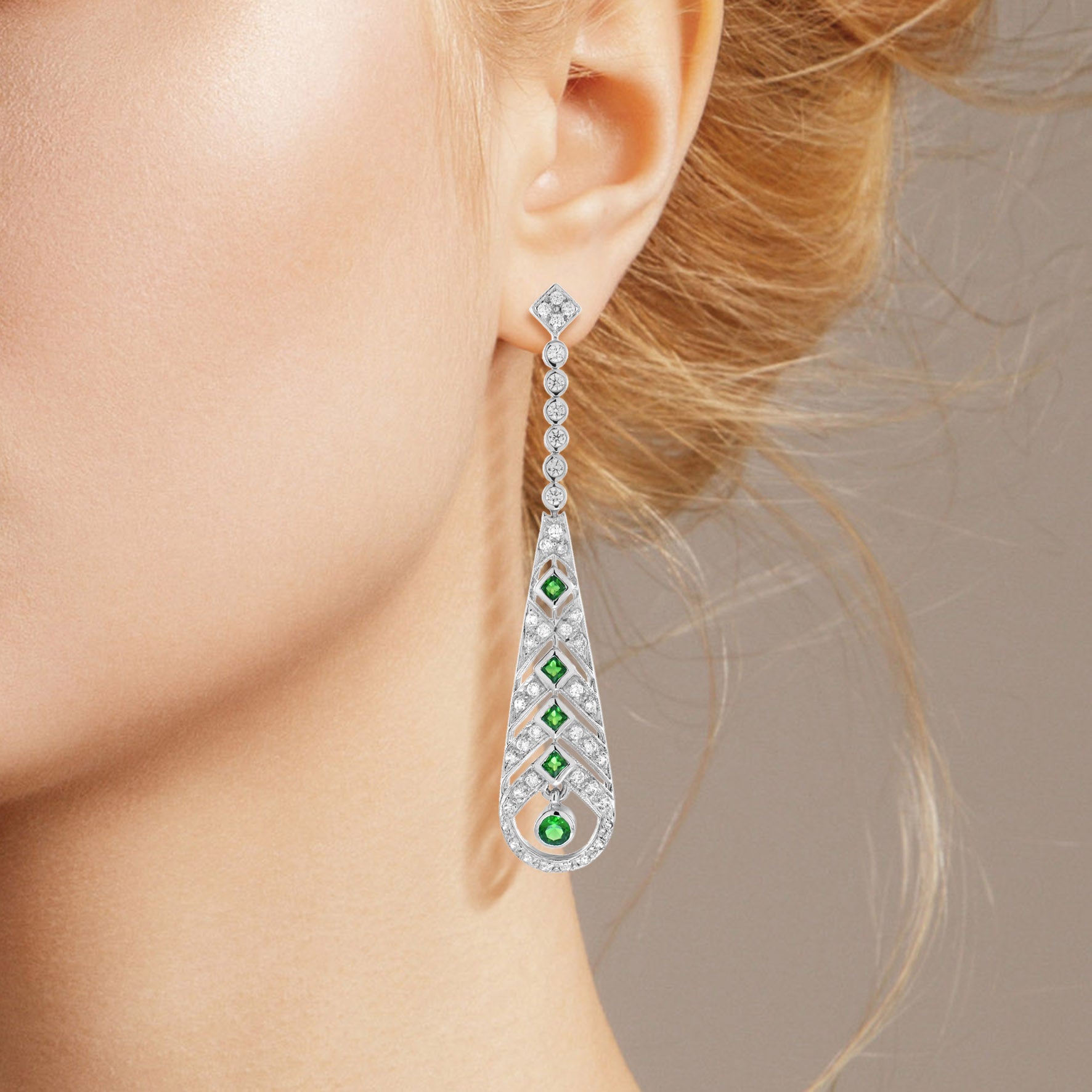 Green Emerald & Diamond Art Deco Style Drop 14K White Gold Earrings