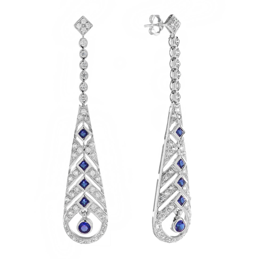 Blue Sapphire &amp; Diamond Art Deco Style Openwork Dangle White Gold Earrings