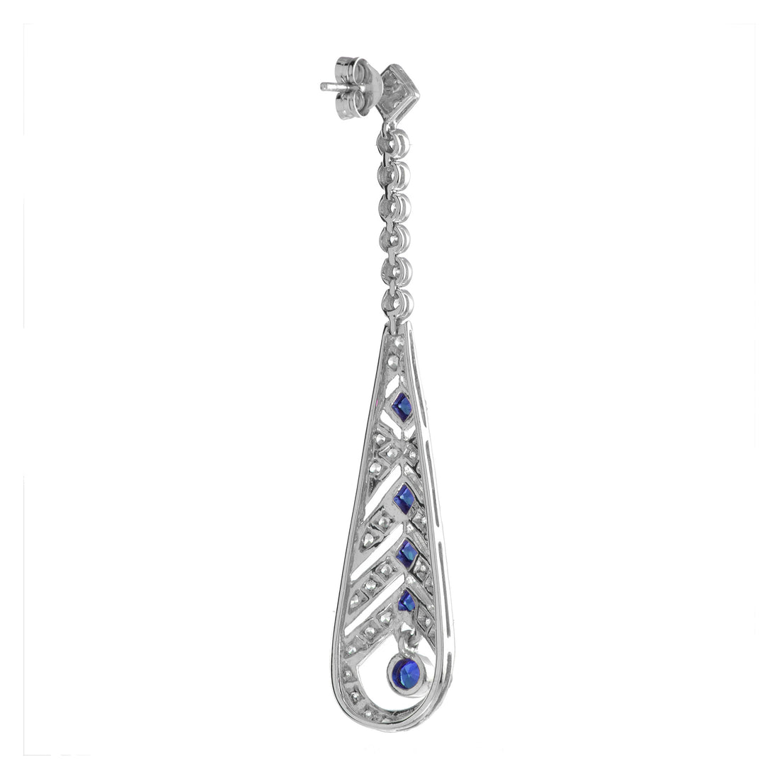 Blue Sapphire &amp; Diamond Art Deco Style Openwork Dangle White Gold Earrings