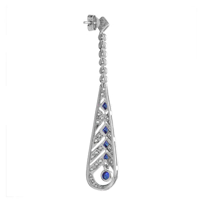 Blue Sapphire &amp; Diamond Art Deco Style Openwork Dangle White Gold Earrings