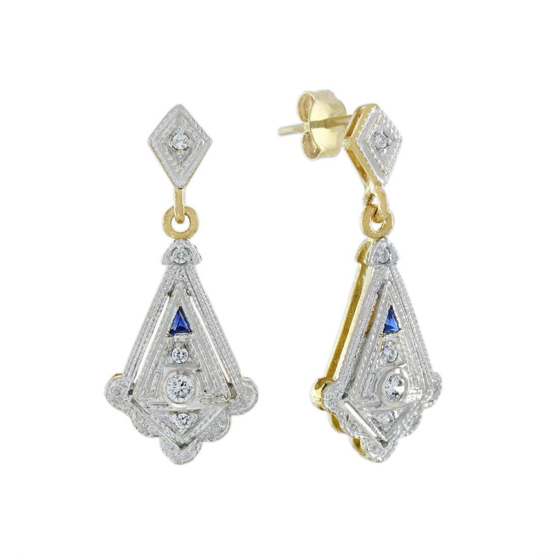 Diamond Art Deco Style Drop 14K Two Tone Gold Dangle Earrings