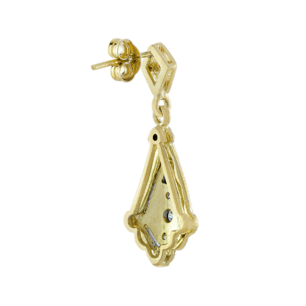 Diamond Art Deco Style Drop 14K Two Tone Gold Dangle Earrings