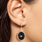 Art Deco Style Diamond & Black Onyx Oval Shape Drop 14K Yellow Gold Earrings
