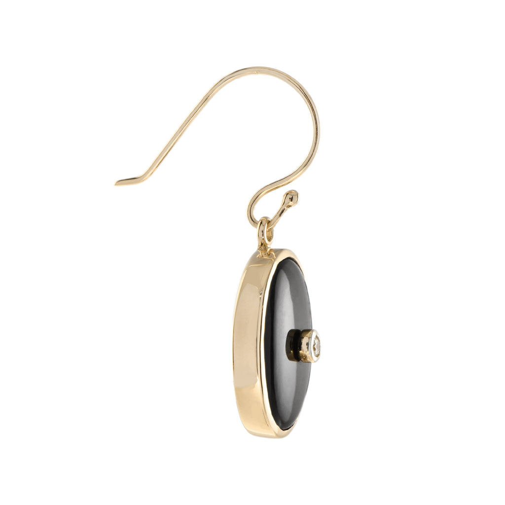 Art Deco Style Diamond & Black Onyx Oval Shape Drop 14K Yellow Gold Earrings