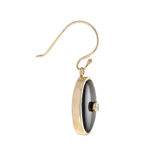 Art Deco Style Diamond & Black Onyx Oval Shape Drop 14K Yellow Gold Earrings